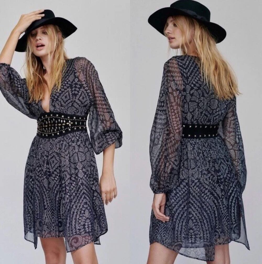 Free People Moonbelt Mini Dress Womens 6 Black Lace Beaded Goth Boho